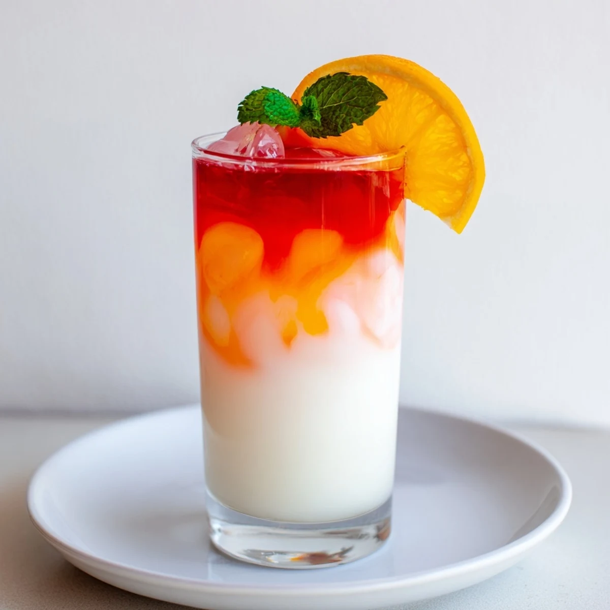 Enjoy a cool Alpine Sunrise, a beautiful mocktail with orange slices and mint sprigs.