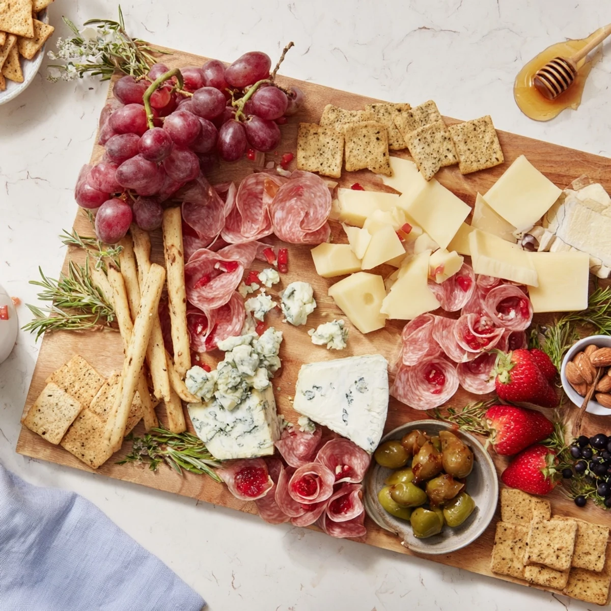 The Final Curtain grazing board overflows with vibrant fruits, cheeses, and charcuterie, ready to enjoy.