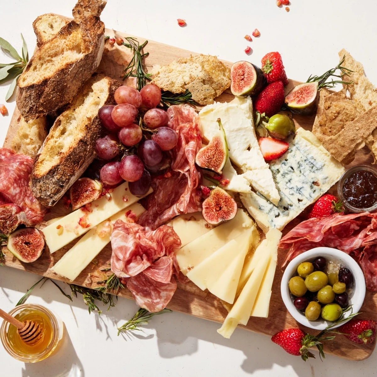 A lavish, close-up view of The Final Curtain, a grazing board with cascading cheeses and fresh berries.