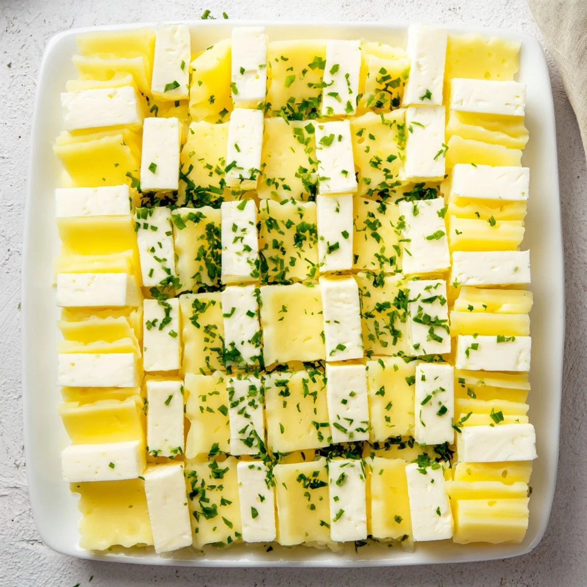 Checkerboard Garden appetizer with mozzarella, feta, and vibrant green herb squares, ready to serve.