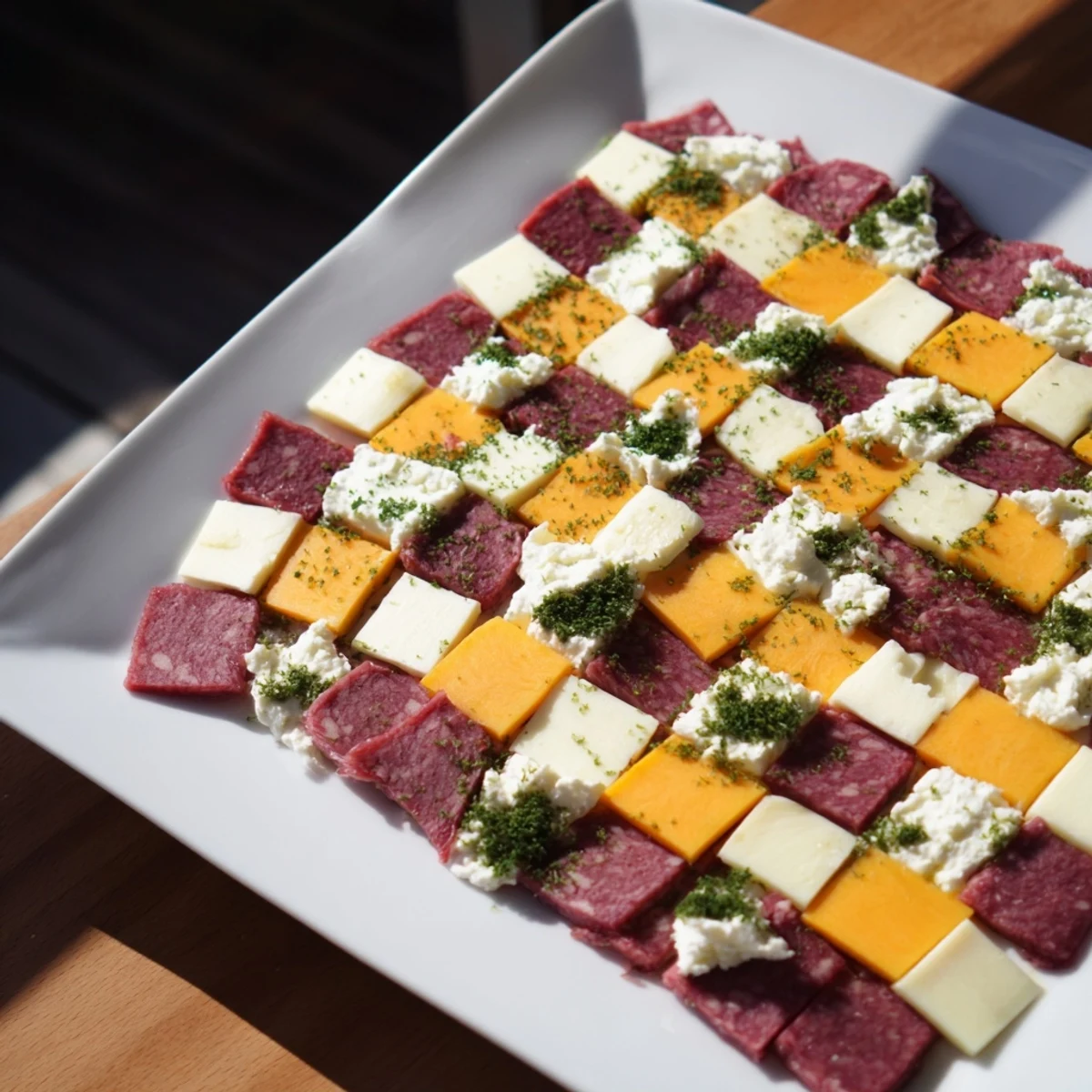 Beautiful checkerboard Garden showcases creamy cheese and herby squares, ideal for a stunning party appetizer.
