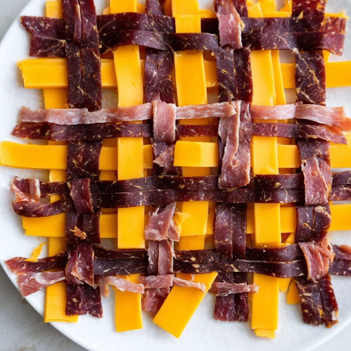 The finished The Tartan Plaid appetizer with layers of colorful, savory jerky and cheese strips.