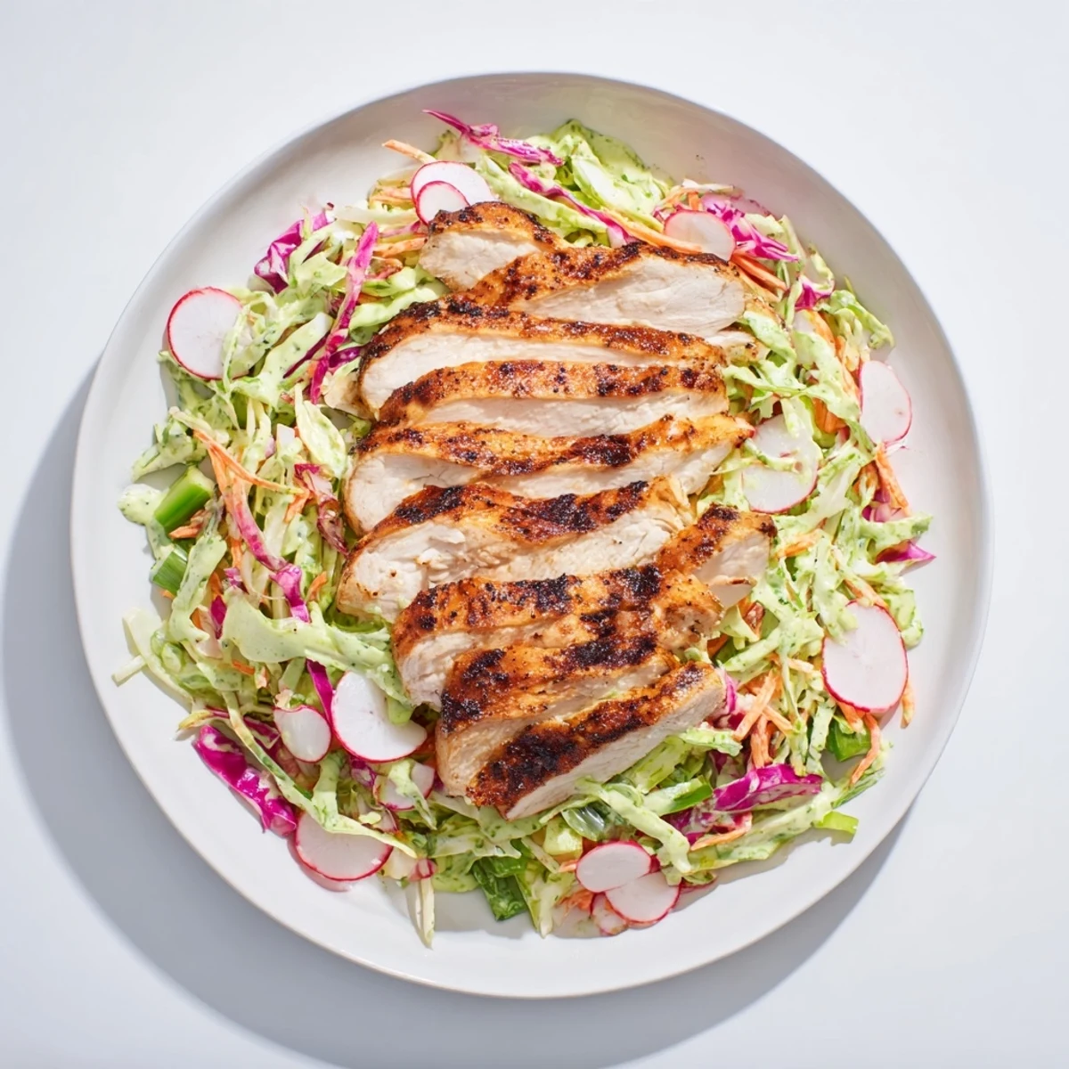 Enjoy a delicious bowl of Green Goddess Cabbage Slaw featuring fresh cabbage, radishes, and grilled chicken.