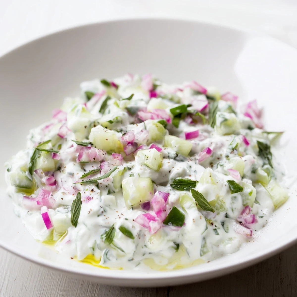 A bowl overflowing with cooling Cucumber and Greek Yogurt Tzatziki Salad, a simple, delicious Greek-inspired delight.