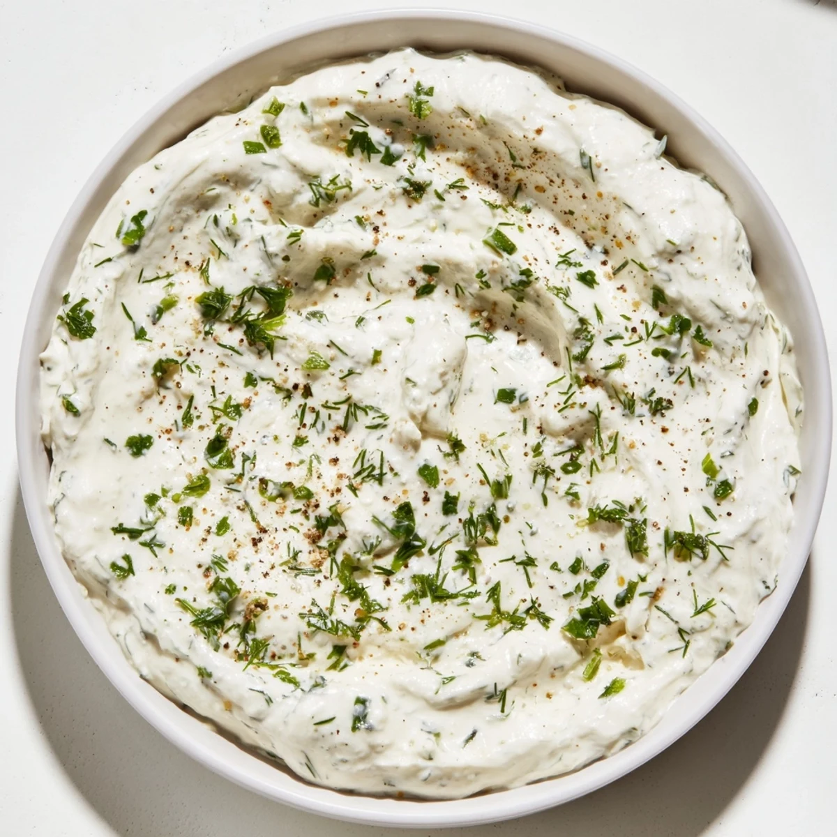 Creamy Greek Yogurt Ranch Dip, studded with fresh herbs, ready for carrots and celery.