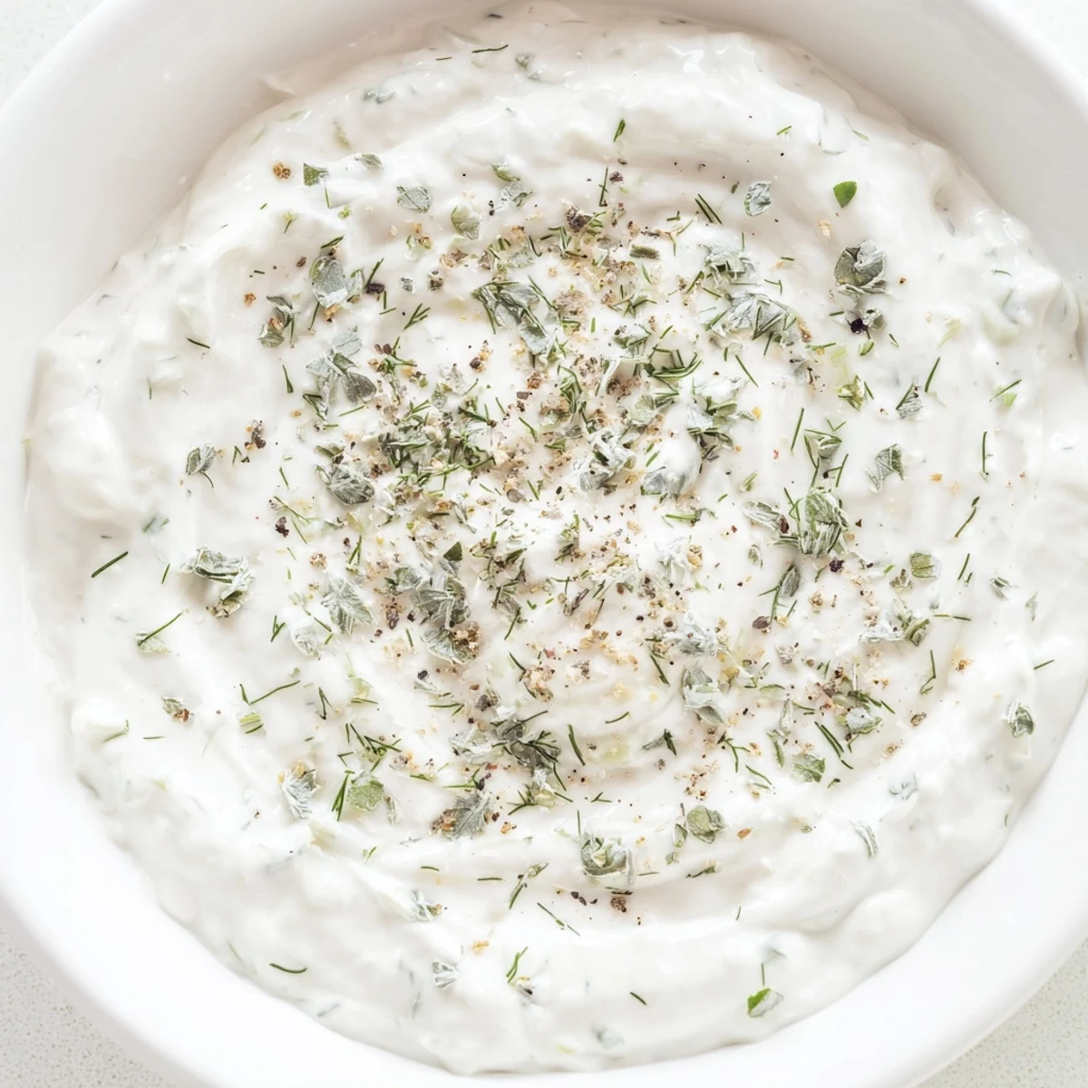 Thick and creamy Greek Yogurt Ranch Dip, offering flavors of fresh herbs in a white bowl.