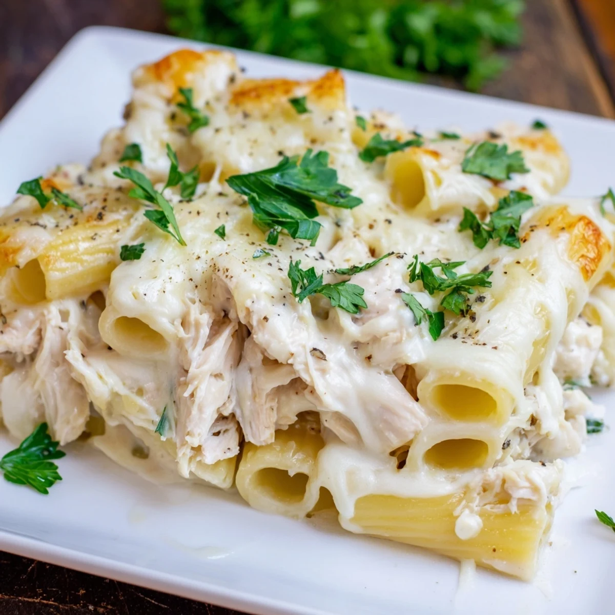 Golden-brown Chicken Alfredo Bake bubbling with melted cheese, perfect for a cozy dinner.