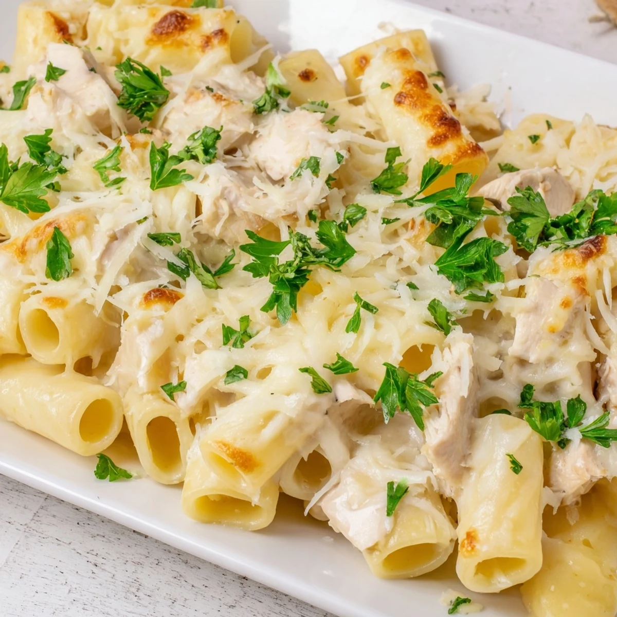A bubbling baking dish of Chicken Alfredo Bake, fragrant with Parmesan and herbs, ready to serve.