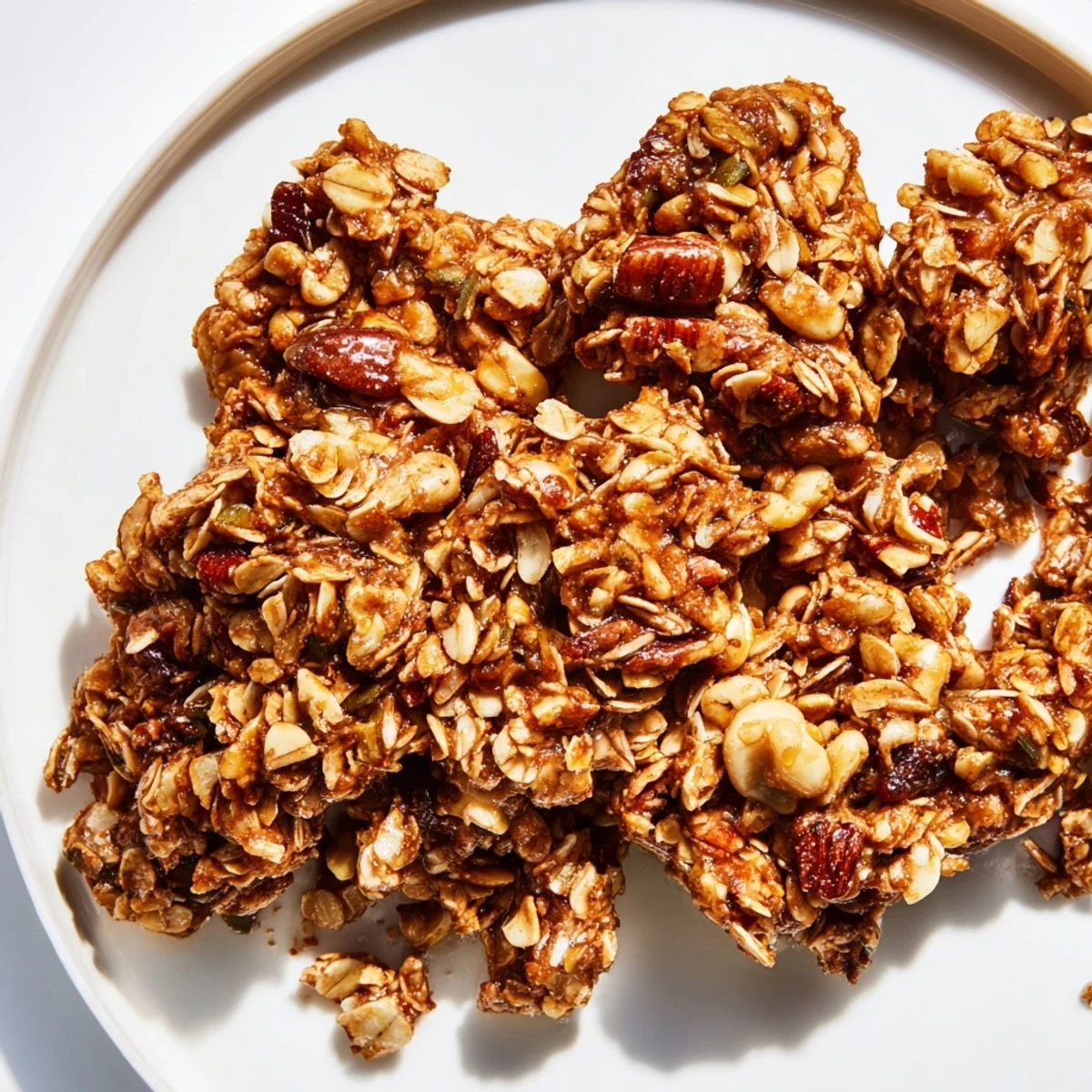 Golden-brown Honey Nut Granola Clusters, baked to a perfect crispness and ready to enjoy.