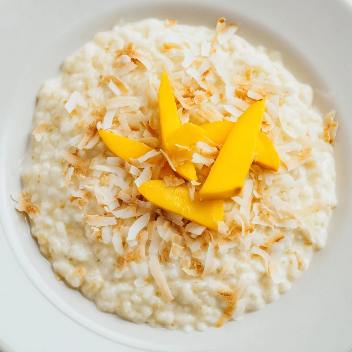 A bowl of delicious toasted coconut rice pudding, ready to be enjoyed with fresh tropical fruit.