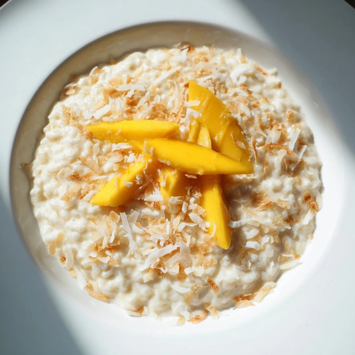 The enticing aroma of toasted coconut rice pudding, a delightful dessert with a hint of cinnamon.