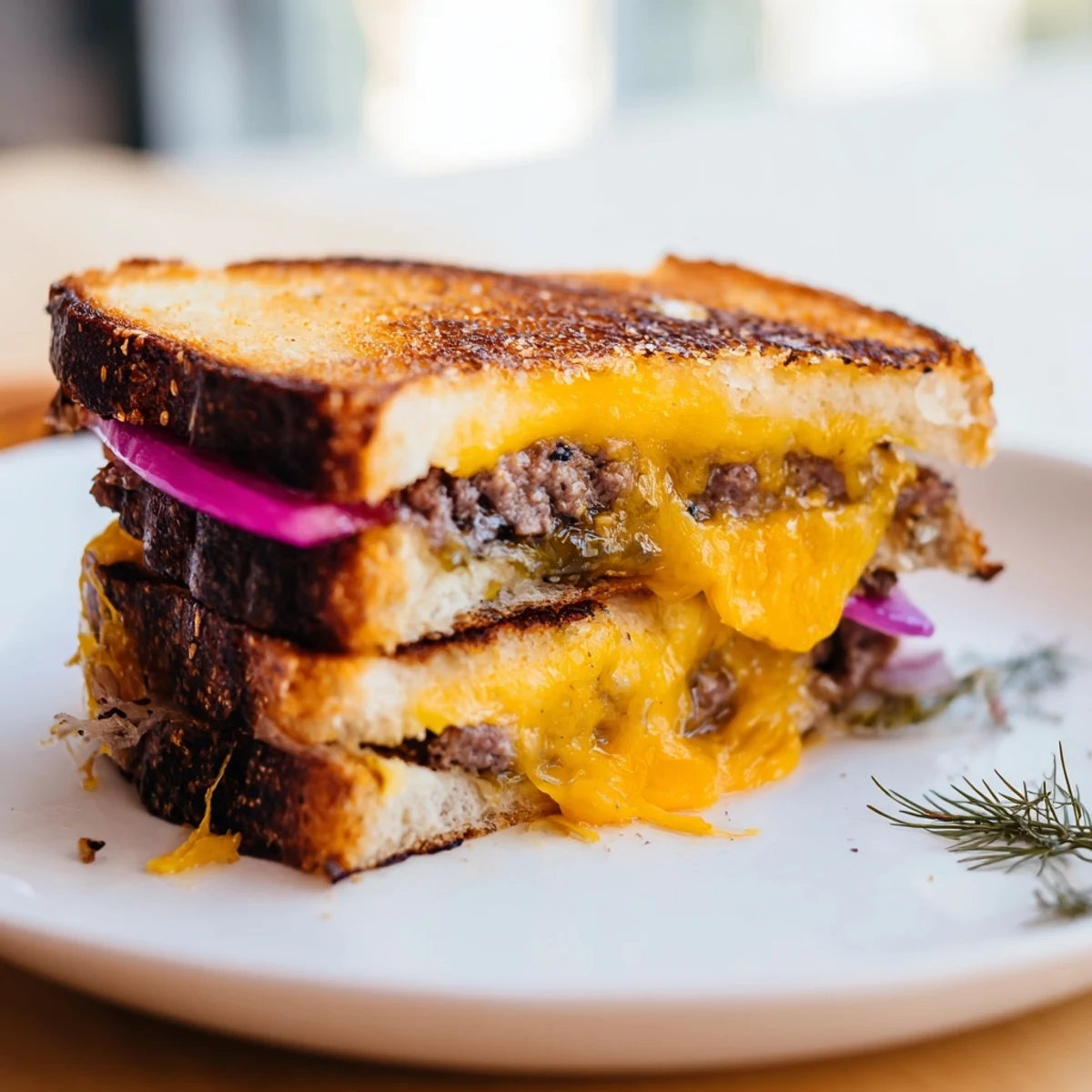 Melted cheese oozes from a delicious smashed burger grilled cheese with crispy edges.