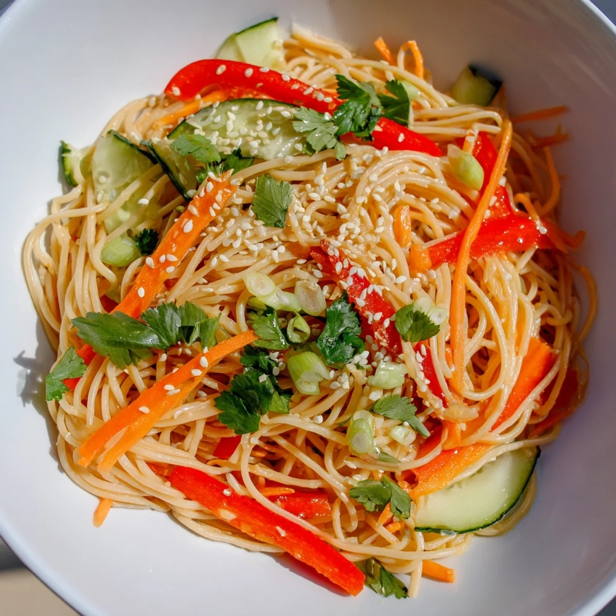 Freshly made Garlic Noodle Salad ready to serve, featuring crisp carrots and a savory dressing.