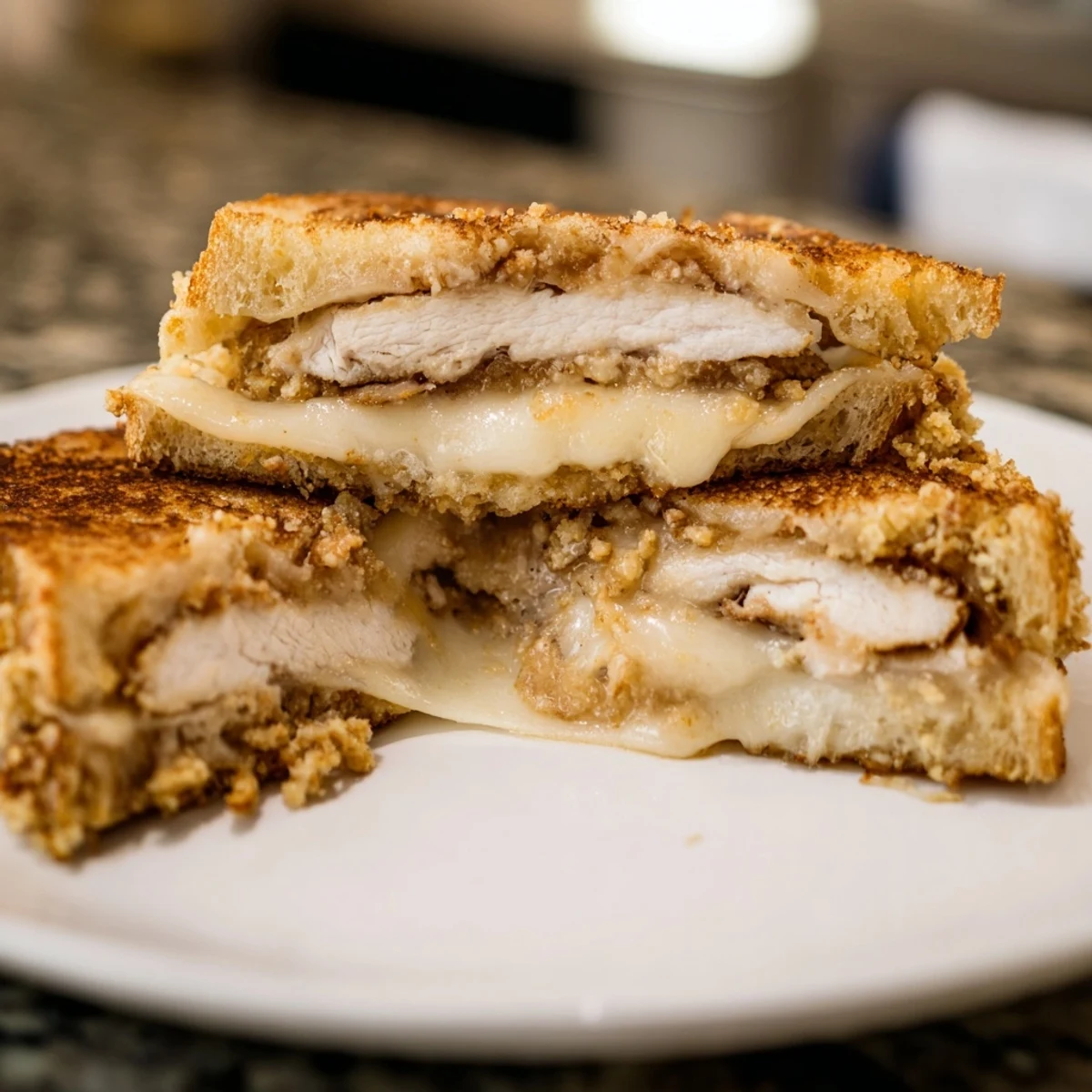 Golden, crusty Crispy Parmesan Chicken Thighs nestled in toasty grilled cheese sandwiches, a delightful meal.