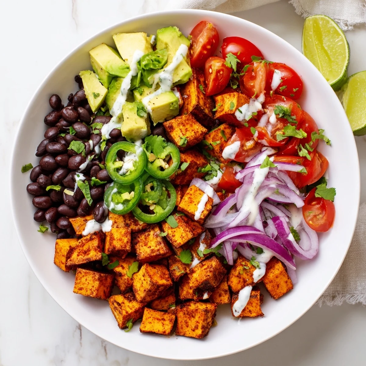 Healthy sweet potato taco bowls with tender roasted sweet potatoes, perfect for a flavorful weeknight dinner.