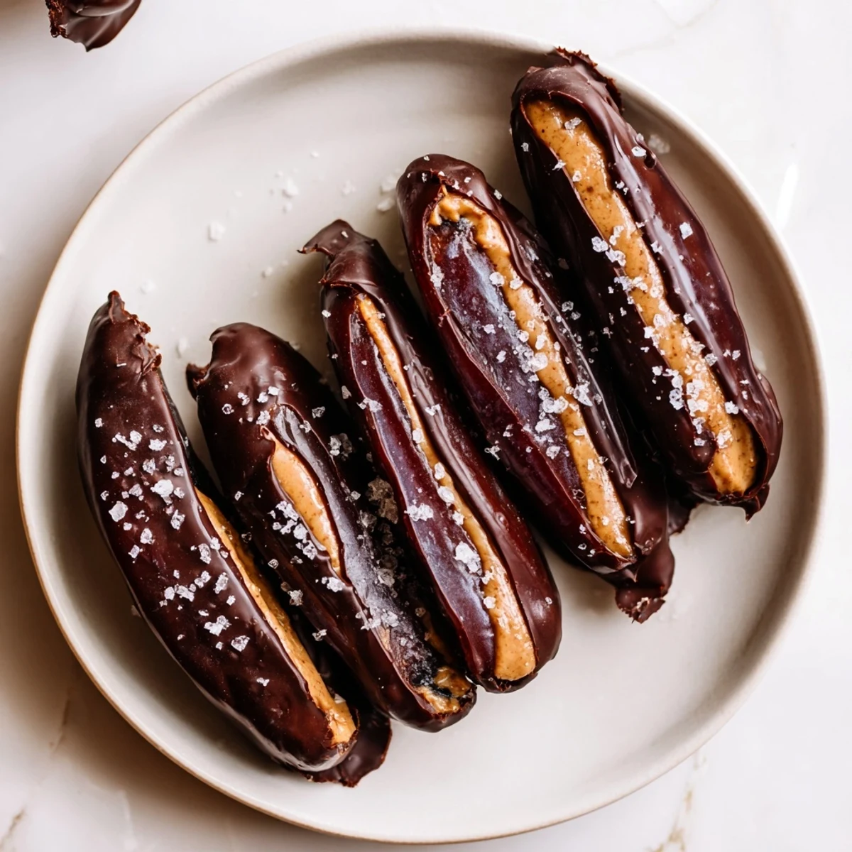 Close-up of chocolate peanut butter dates, sticky, sweet snack with sea salt sprinkles, ready to enjoy.