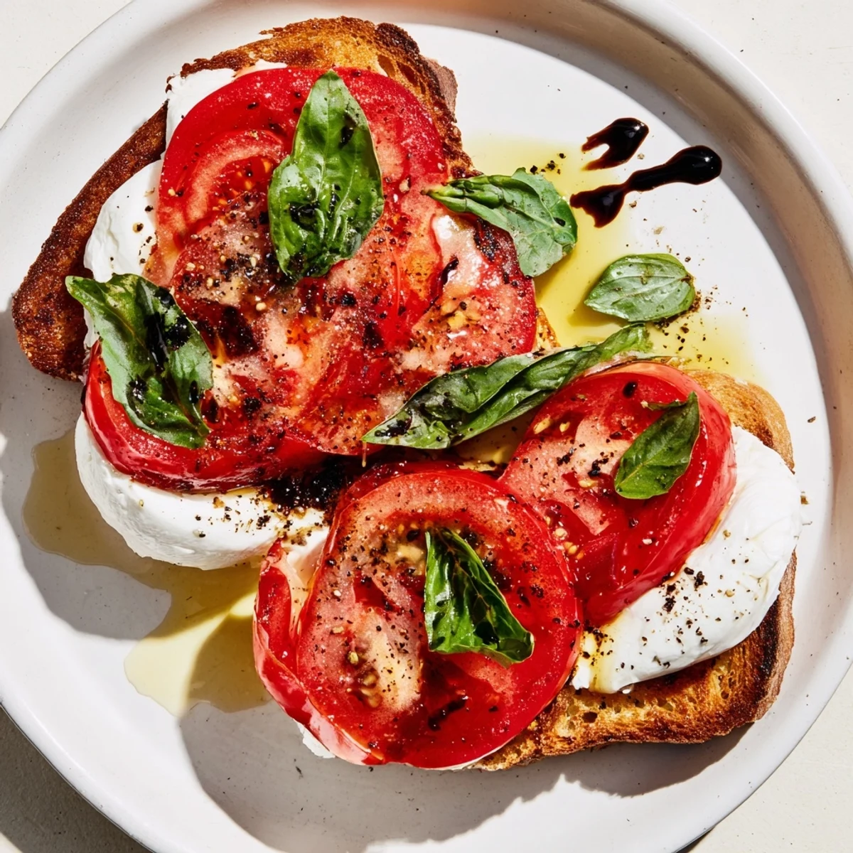 Golden, toasted sourdough topped with luscious Tomato Burrata Toast, drizzled with olive oil and basil.