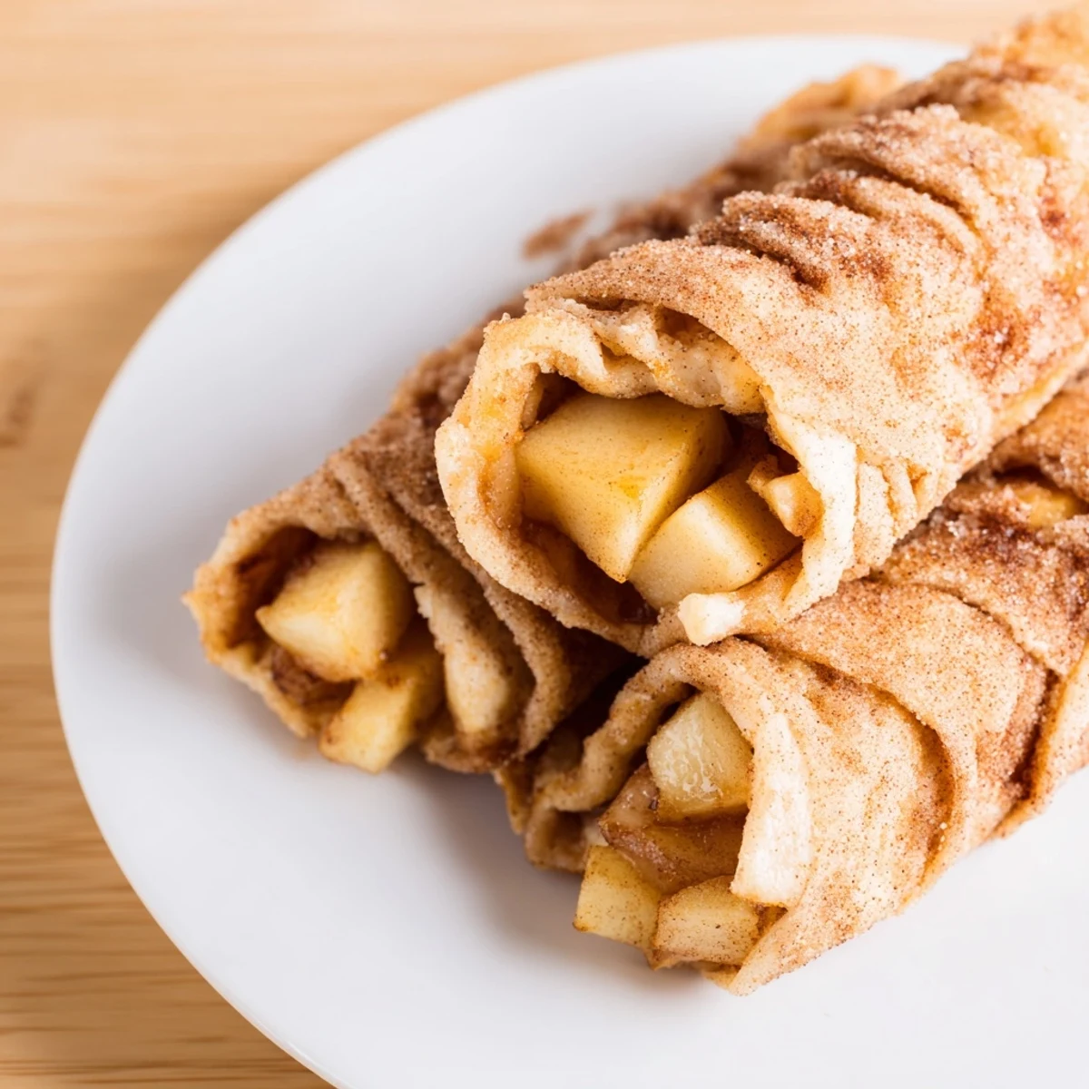 Golden-brown Apple Pie Roll-Ups: Crispy tortillas filled with spiced apples, ready to enjoy warm.