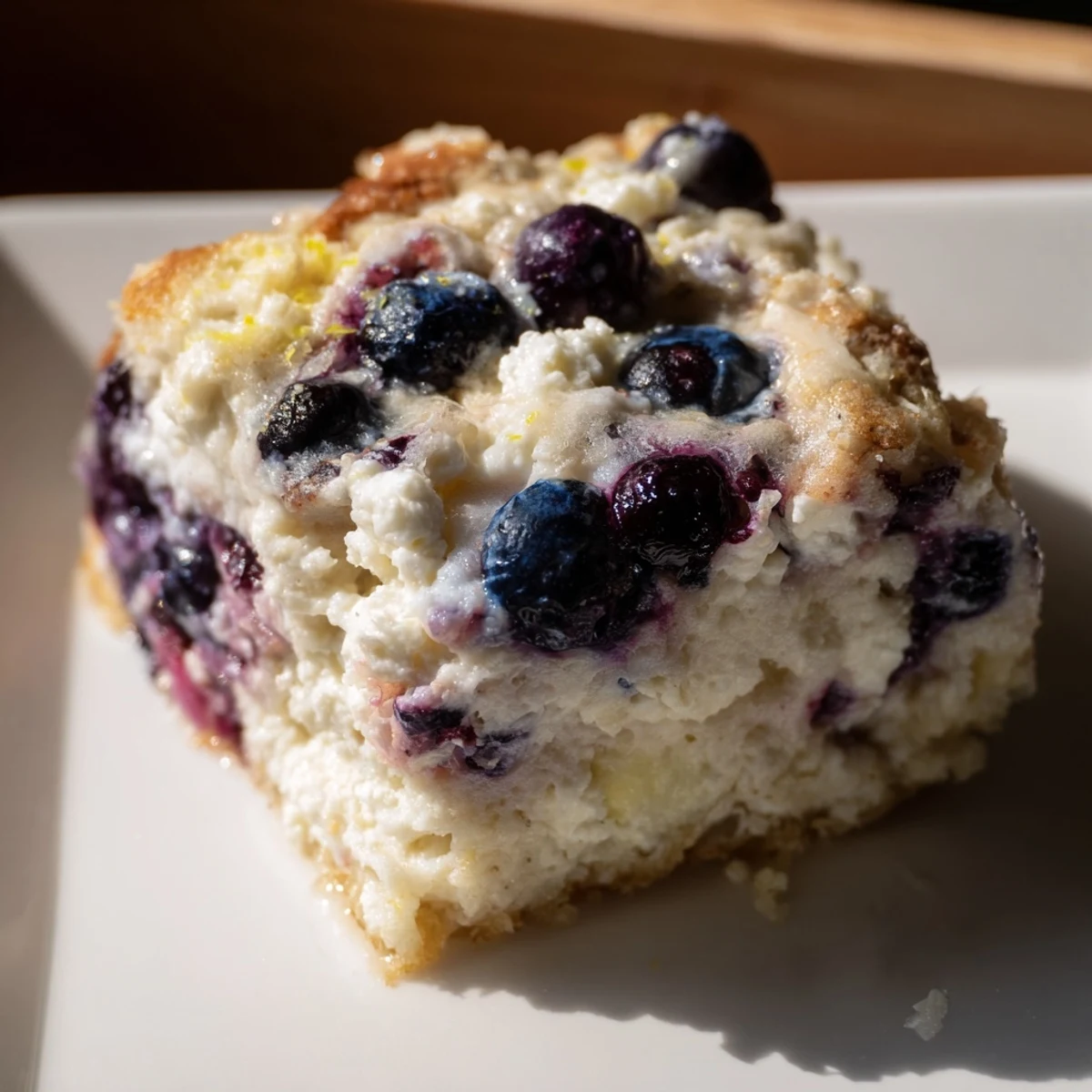 A comforting close-up view of fresh Blueberry Cottage Cheese Bake, served as a nutritious breakfast.