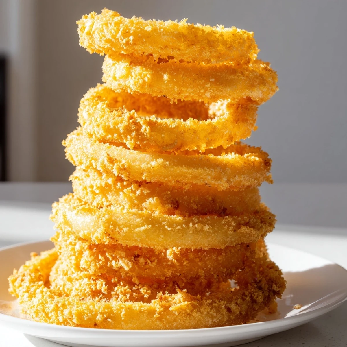 A towering stack of crispy onion rings, golden and delicious, ready to be devoured with sauce.