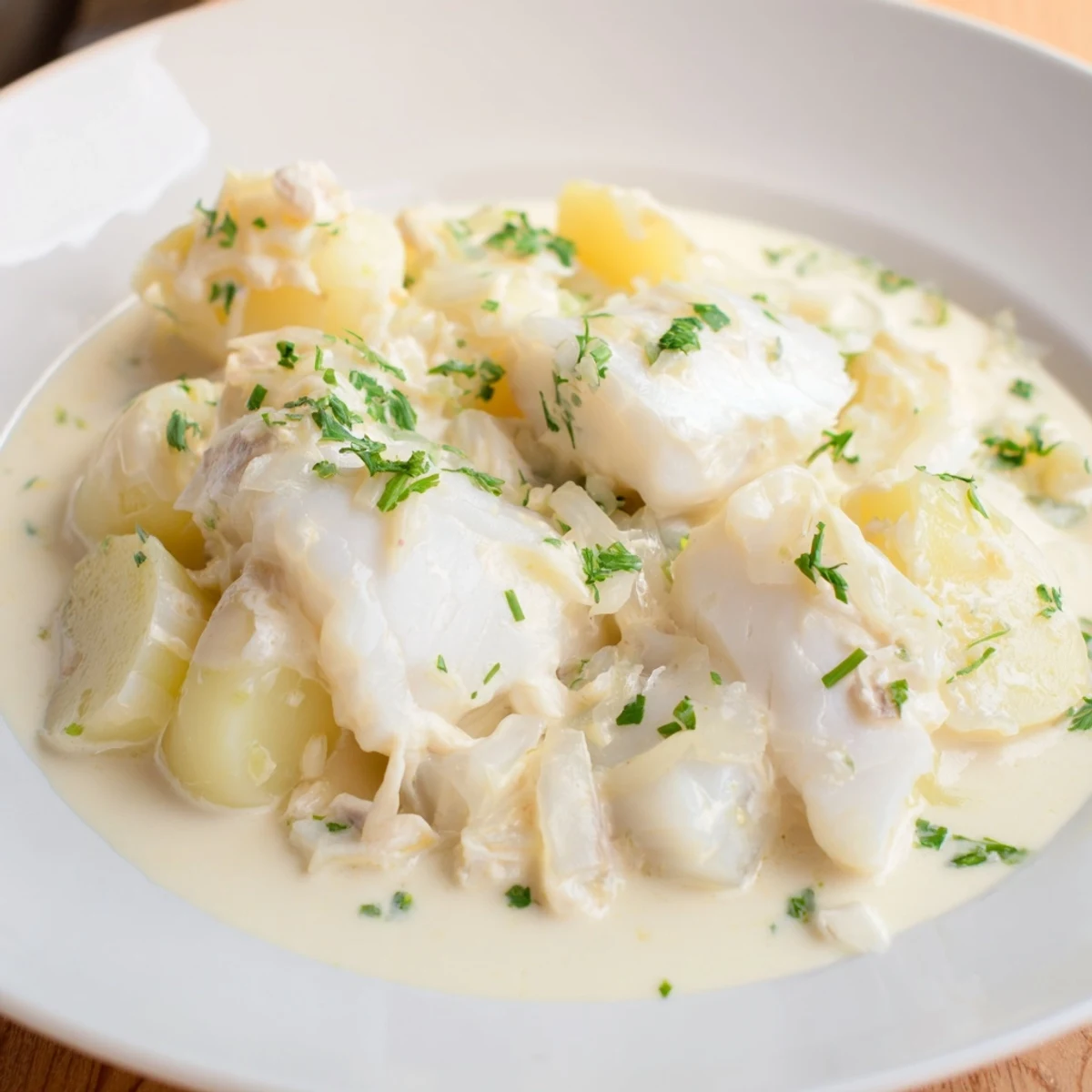 Steamy bowl of Icelandic Fish Stew, showing chunky potatoes, flaky fish, and fresh herbs.
