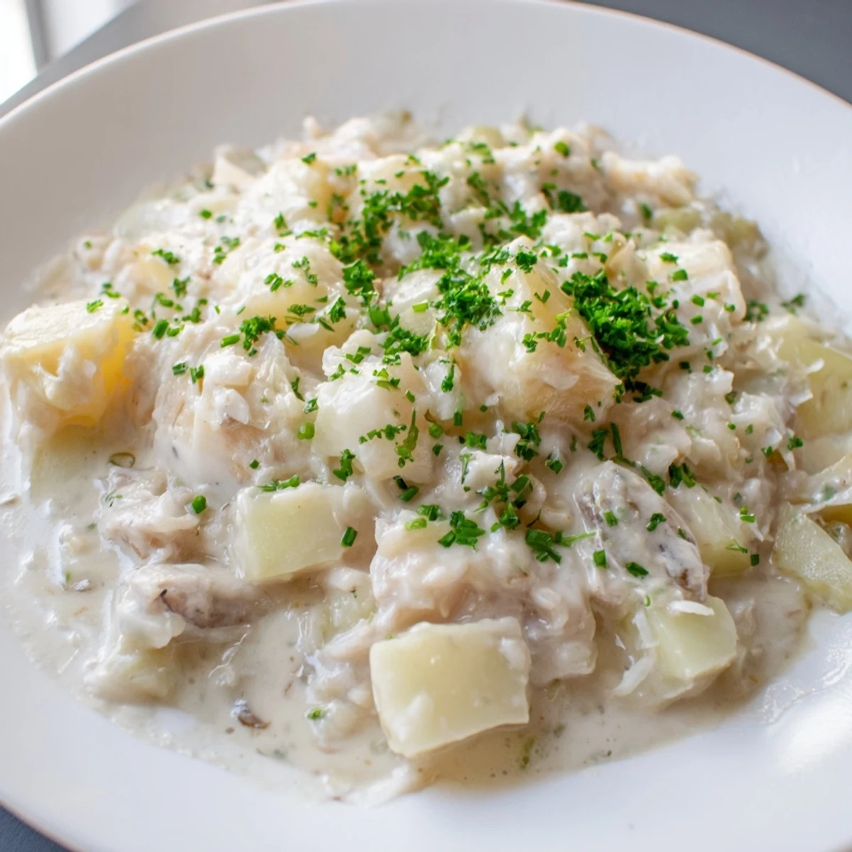 A close-up of a hearty Icelandic Fish Stew, showcasing tender fish and potato chunks.