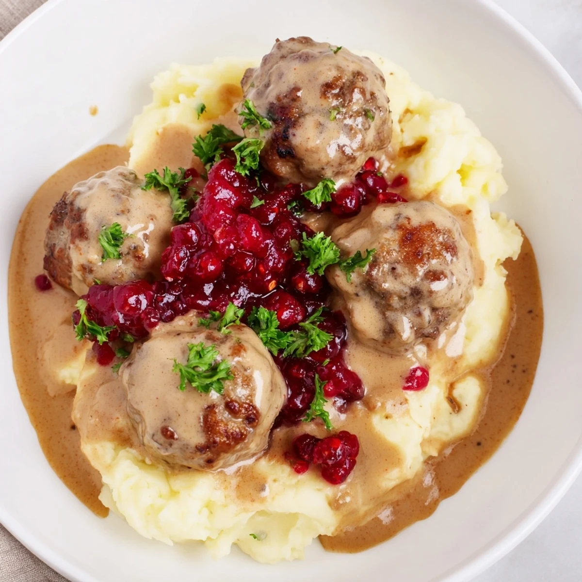 Golden-brown Swedish Meatballs swimming in a creamy, savory sauce, ready to serve with mashed potatoes.