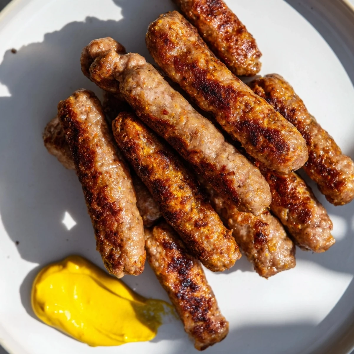 Grilled Romanian mici sausages, browned and crispy, ready to serve with mustard and bread.