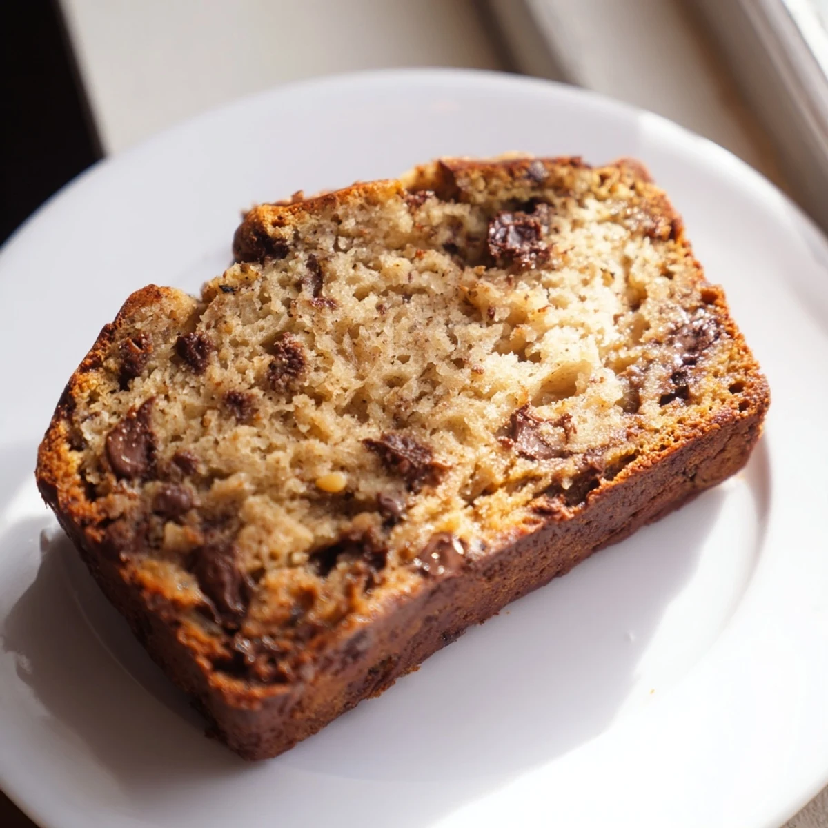 Golden, crusty banana bread loaf with dark chocolate chips ready to be sliced and served.