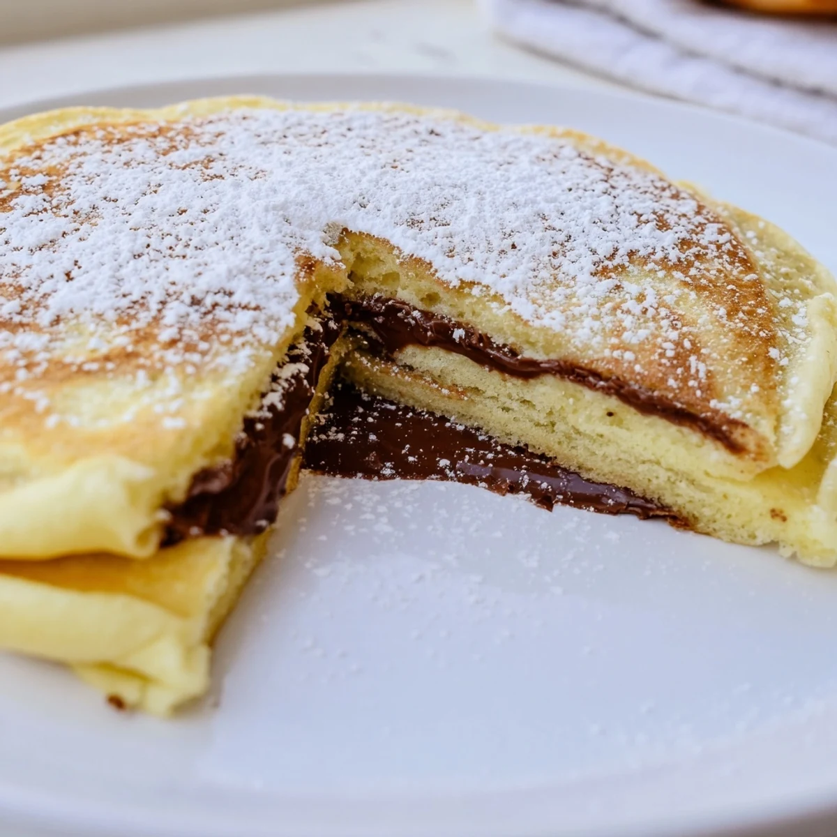 Warm, golden Nutella stuffed pancakes with a rich, melted chocolate hazelnut center and fluffy texture.