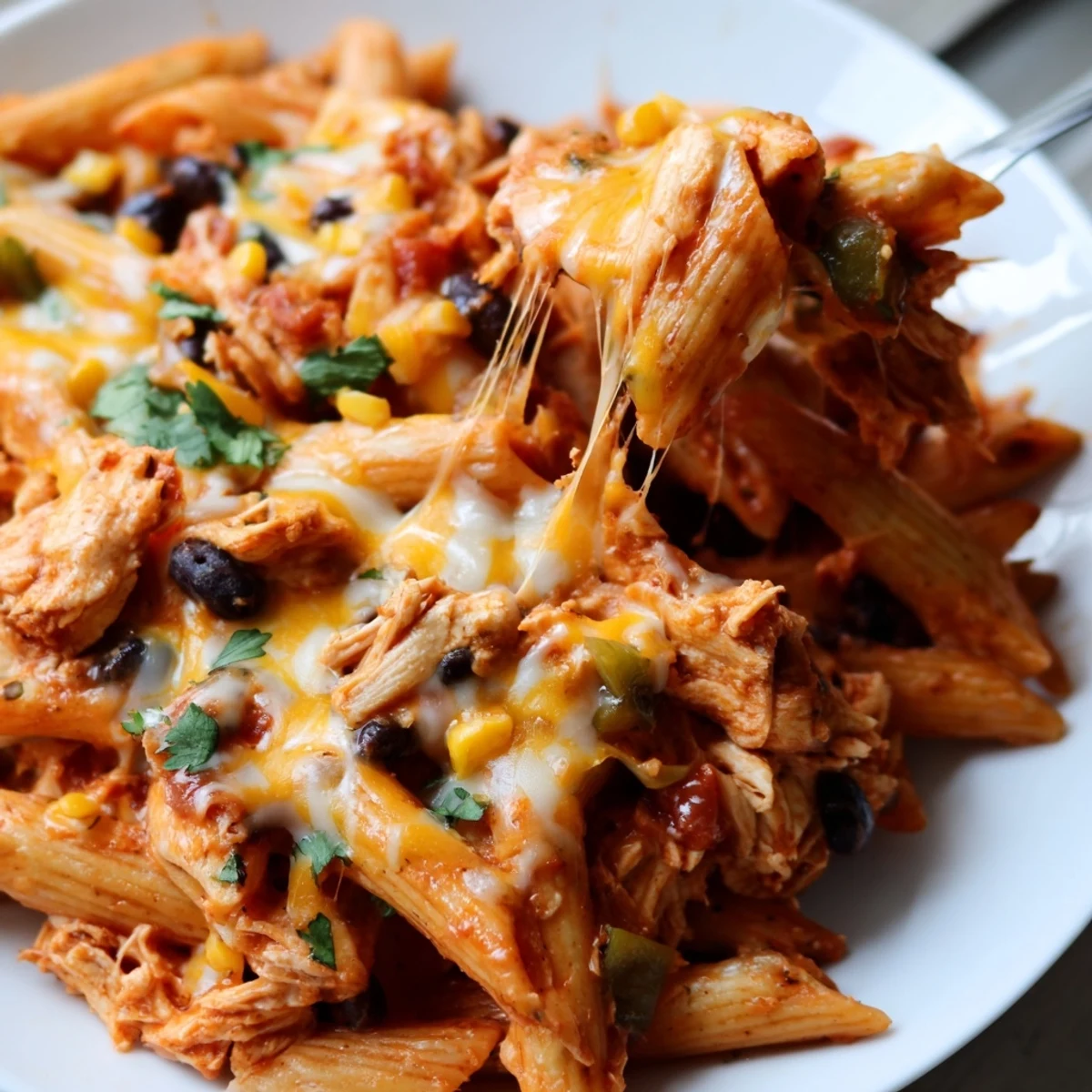 Steaming bowl of Chicken Enchilada Pasta topped with melted cheese and fresh cilantro.
