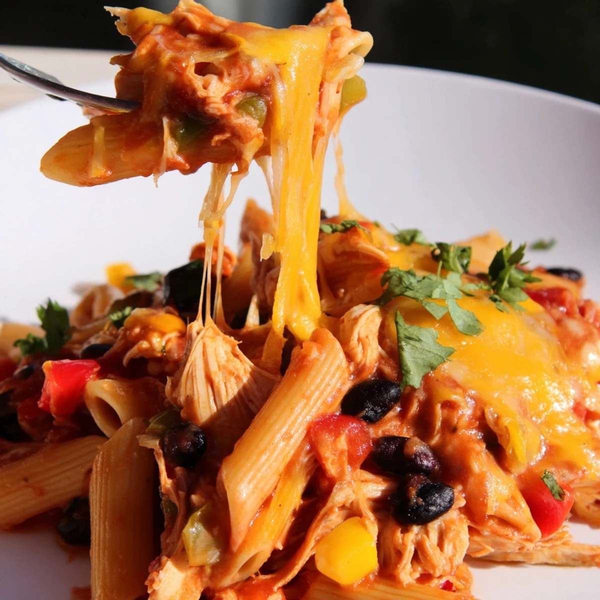 A skillet of Chicken Enchilada Pasta with black beans, peppers, and a rich red sauce.