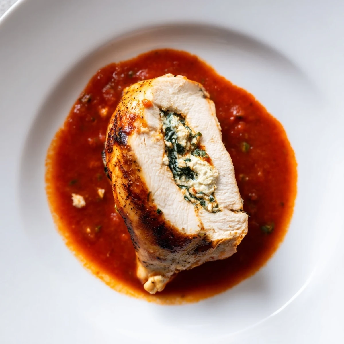 Tender baked Spinach Ricotta Stuffed Chicken breasts, sliced to reveal a creamy spinach and ricotta filling, paired with crusty bread.