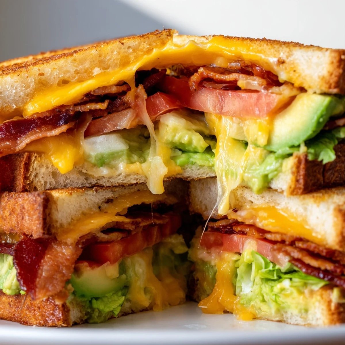 Golden-brown grilled cheese sandwich with melted cheddar, crispy bacon, ripe avocado slices, fresh lettuce, and juicy tomato on buttery sourdough bread.
