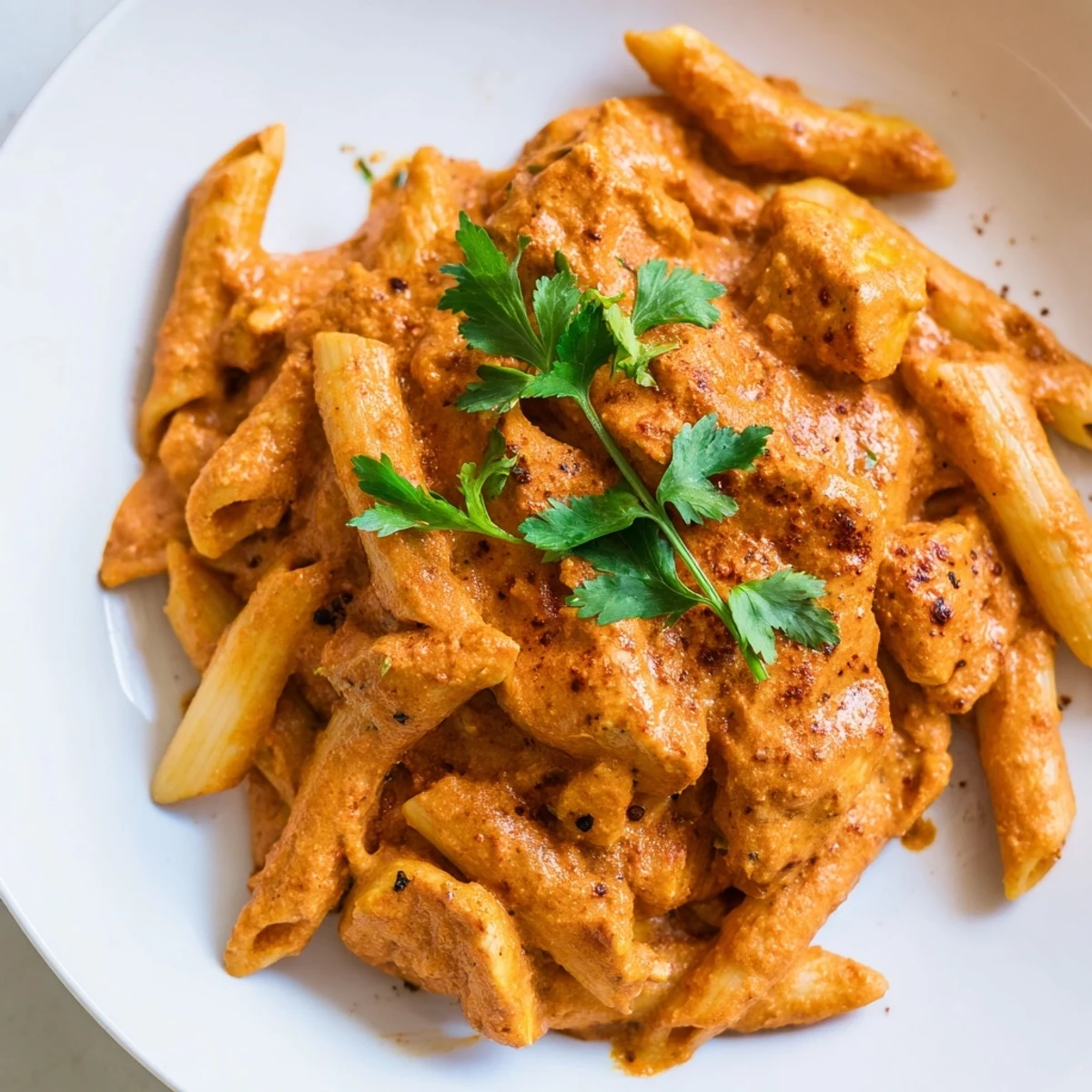 Creamy Chicken Tikka Pasta with tender grilled chicken and fresh cilantro garnish, served hot.  