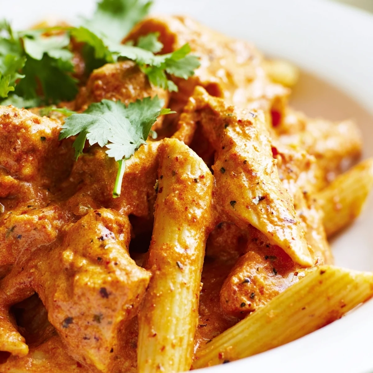 Vibrant plate of Chicken Tikka Pasta featuring al dente penne and aromatic Indian-Italian fusion flavors.