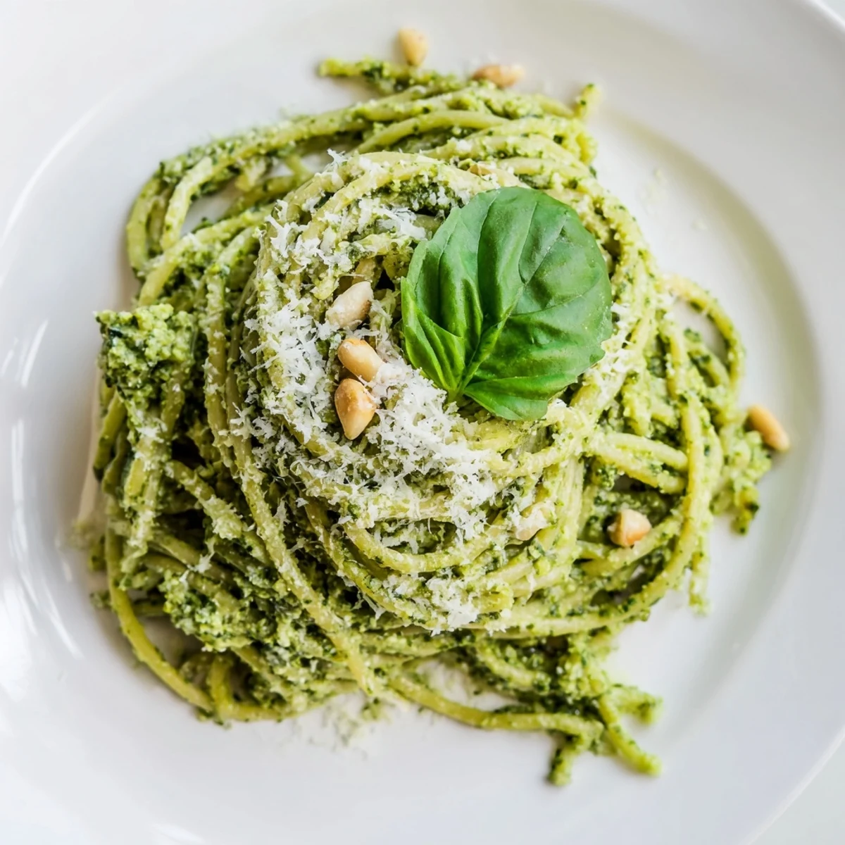 Creamy Sunflower Seed Pesto Pasta twirled on a fork, showcasing fresh basil and Parmesan in a comforting Italian-inspired bowl.