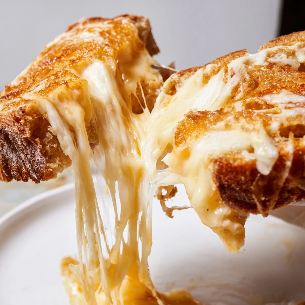 Homemade Triple Cheese Sourdough Grilled Cheese on a wooden board, cut diagonally to reveal gooey cheese stretch between golden, crunchy sourdough slices.