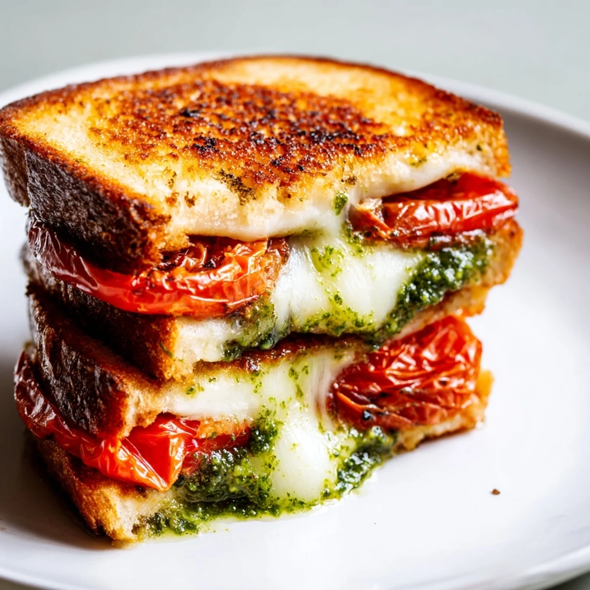 Golden-brown sourdough slices hold melted mozzarella and cheddar, layered with slow-roasted tomato slices and vibrant basil pesto.