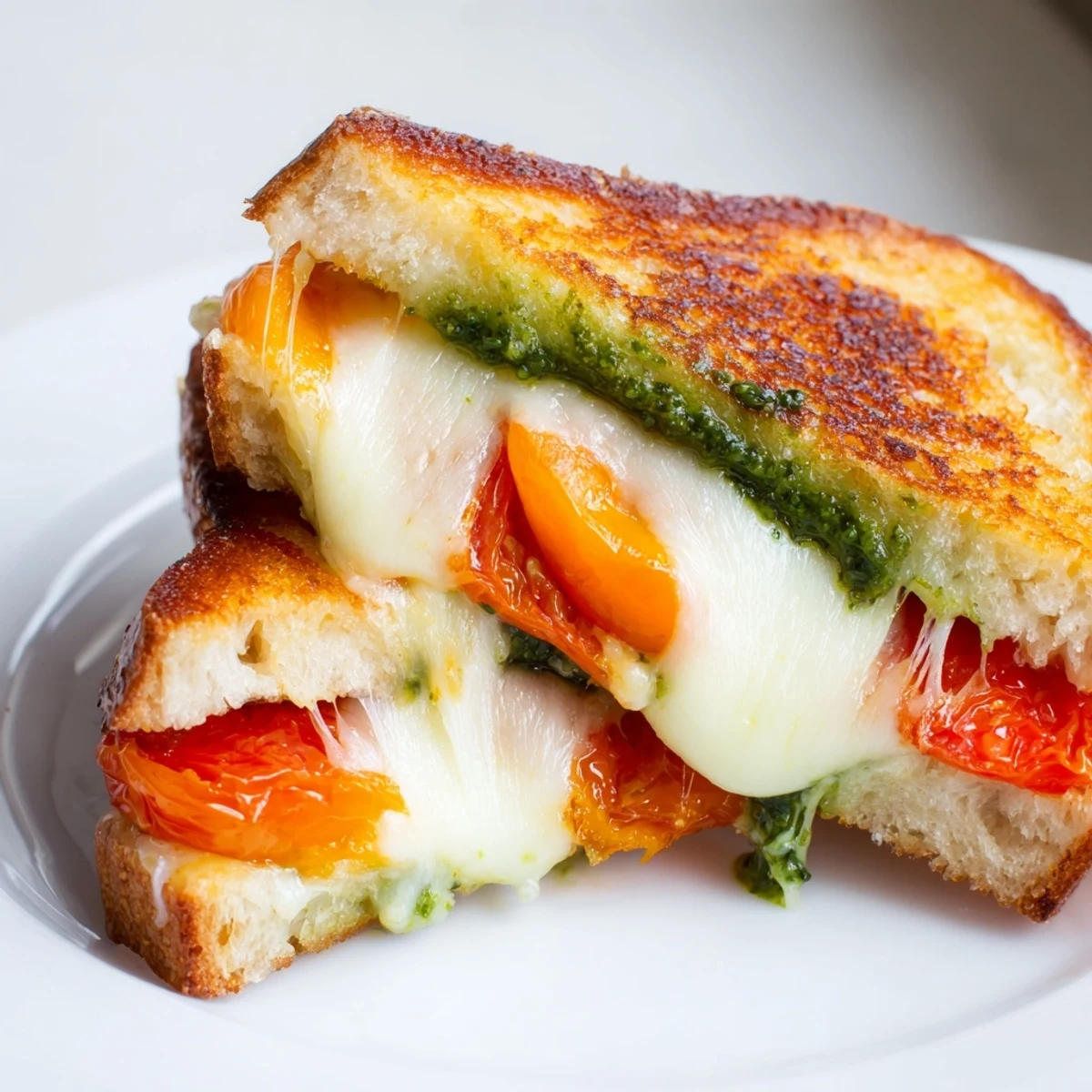 Two halves of a Roasted Tomato Pesto Grilled Cheese revealing melted cheese and roasted tomatoes, served on a rustic board.