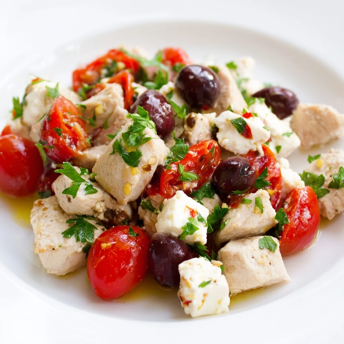 Freshly tossed Mediterranean Chickpea Chicken Salad showcases juicy chicken, creamy feta, and vibrant vegetables in a zesty lemon-oregano dressing.  