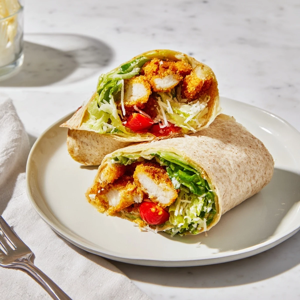 Golden fried chicken strips tossed in sticky spicy hot honey nestled inside a soft tortilla with Caesar salad and Parmesan.  