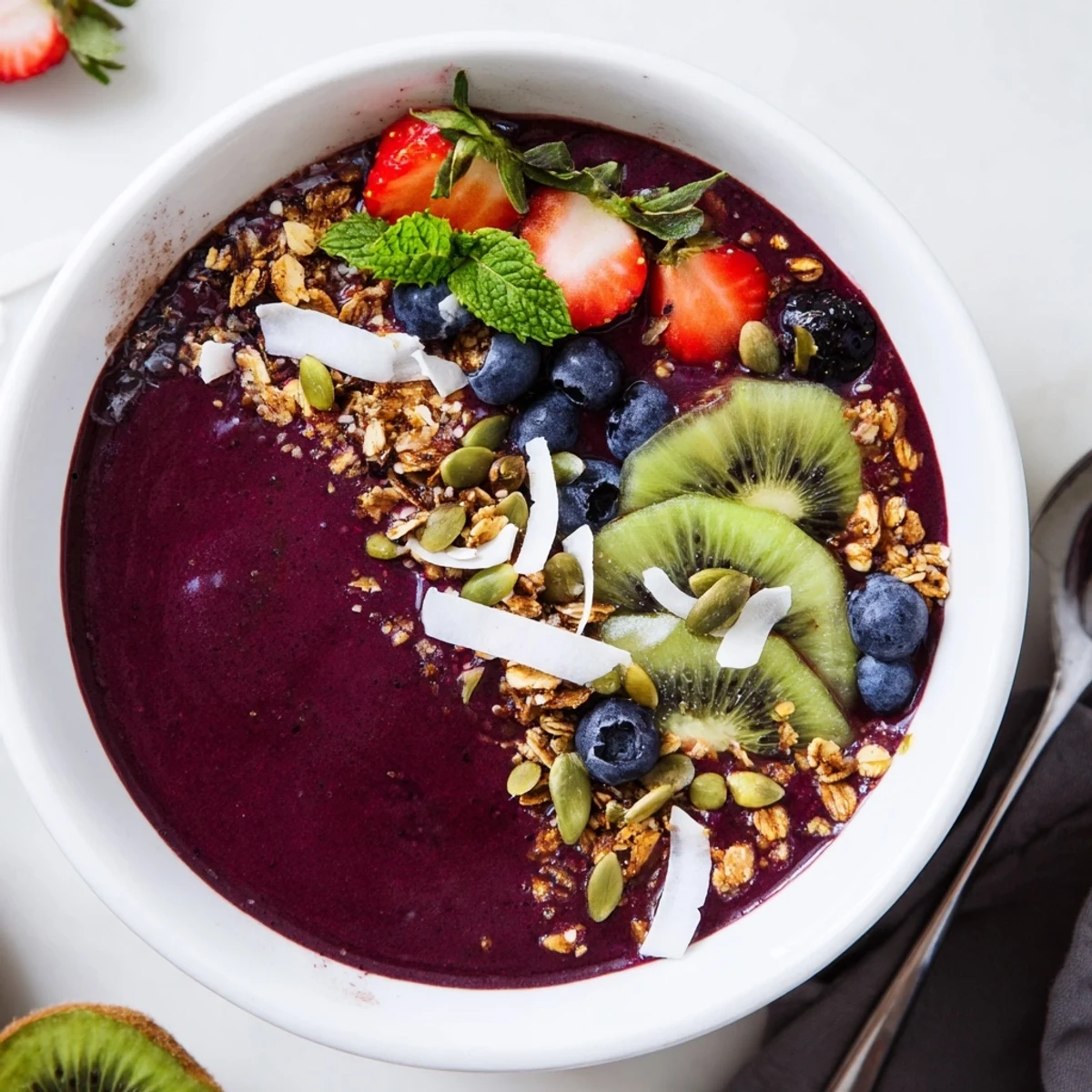 Thick Beet and Berry Smoothie Bowl brimming with fresh fruit toppings.