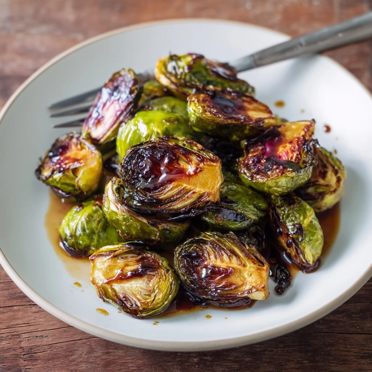 Golden-brown roasted Brussels sprouts on a platter, drizzled with glossy balsamic reduction and ready to serve.