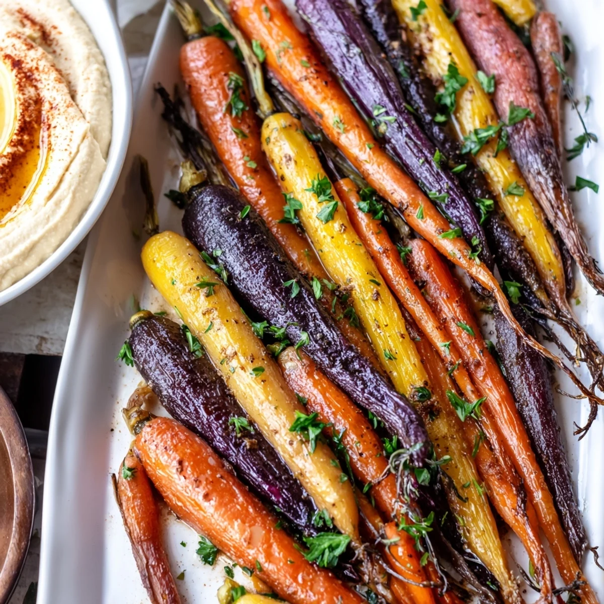 Colorful roasted rainbow carrots paired with rich, homemade hummus, perfect for dipping and healthy appetizers.