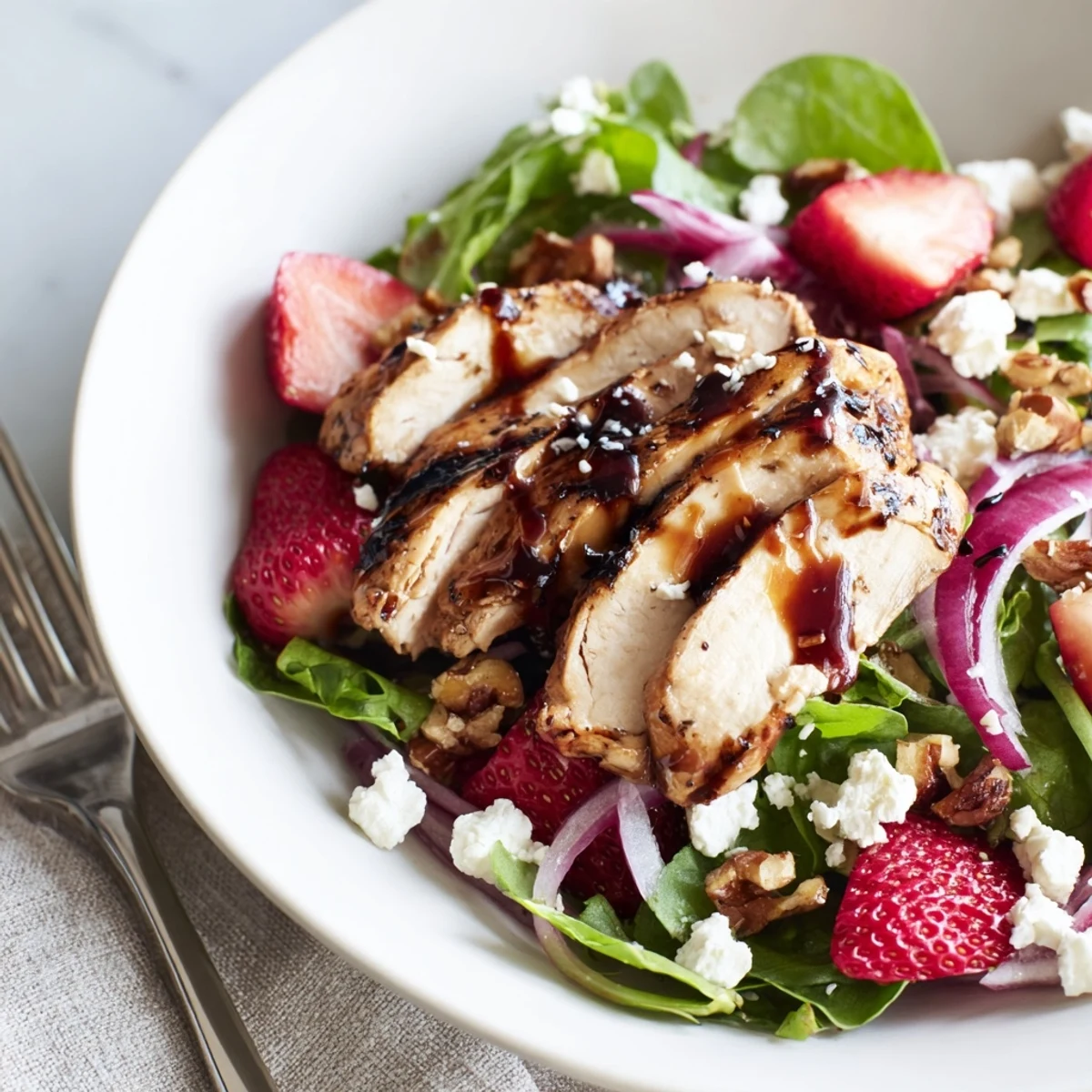 Honey Balsamic Chicken Salad for a light lunch with a honey balsamic drizzle and crunchy toasted pecans.