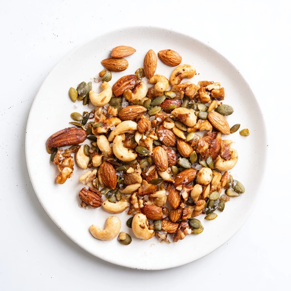 Golden-brown Spiced Nuts and Seeds Mix cooling on parchment, featuring almonds, cashews, and pepitas in a savory snack blend.