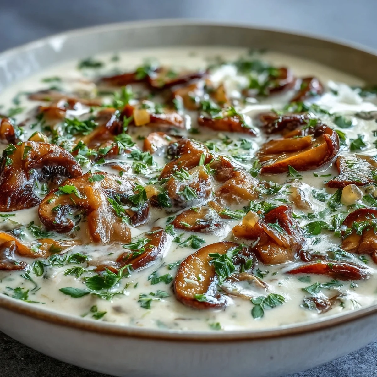 Creamy Mushroom Stroganoff Soup served steaming hot in a rustic bowl, garnished with fresh parsley and a dollop of sour cream.