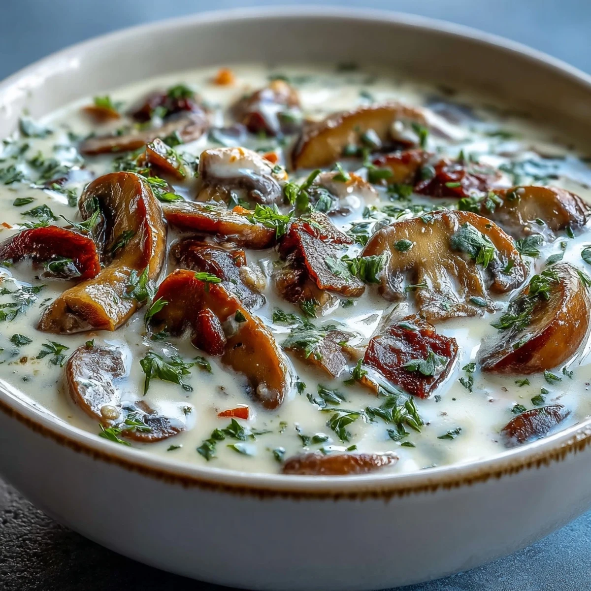 A comforting bowl of Creamy Mushroom Stroganoff Soup beside crusty bread, perfect for a cozy vegetarian dinner.