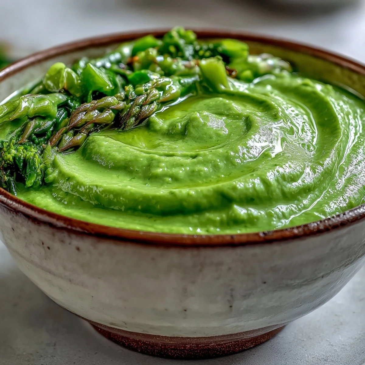 Steaming Big Green Immunity-Boosting Vegetable Soup in a white bowl, featuring creamy green texture from spinach and asparagus, ready to eat.